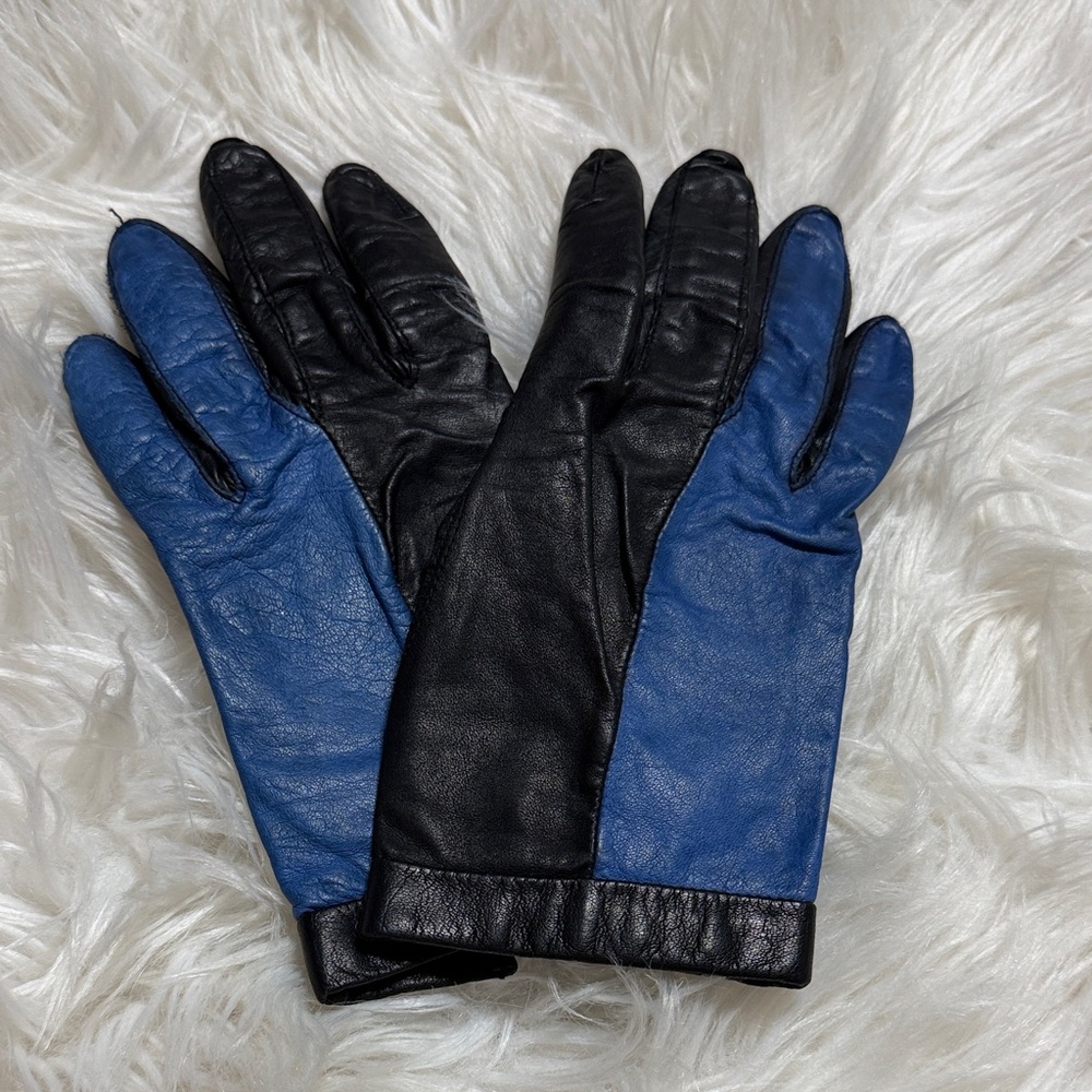 Vintage, Fownes, Black and Blue Leather Gloves. Sz 6.5